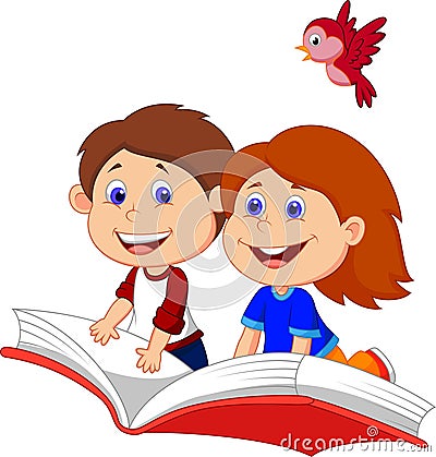 Cartoon Boy and girl flying on a book Vector Illustration