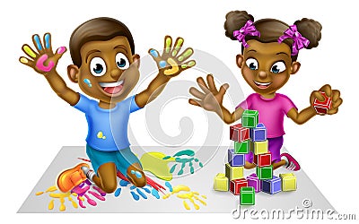 Cartoon Boy and Girl with Paint and Blocks Vector Illustration