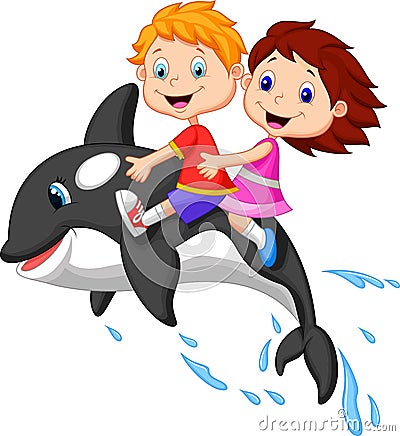 Cartoon Boy and girl riding orca Vector Illustration