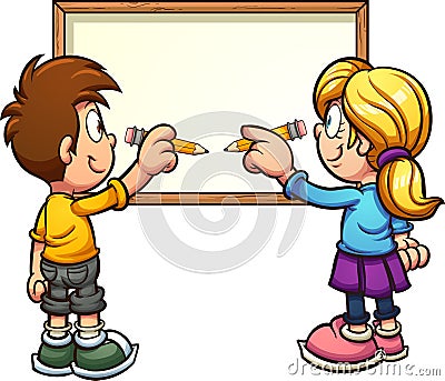 Cartoon boy and girl writing on white board Vector Illustration