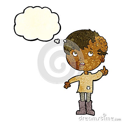 cartoon boy with growth on head with thought bubble Stock Photo