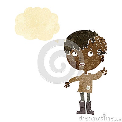 cartoon boy with growth on head with thought bubble Stock Photo