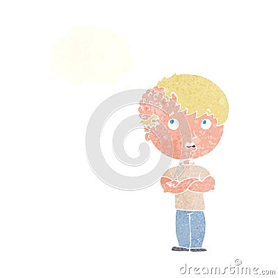 cartoon boy with growth on head with thought bubble Stock Photo