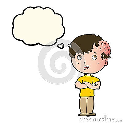 cartoon boy with growth on head with thought bubble Stock Photo