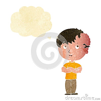 cartoon boy with growth on head with thought bubble Stock Photo