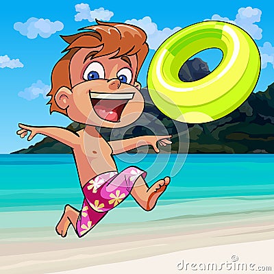 Cartoon boy happily runs along the seashore Vector Illustration