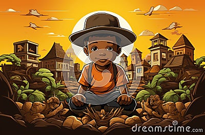 A cartoon boy in a hat sitting on top of a pile of rocks, AI Stock Photo