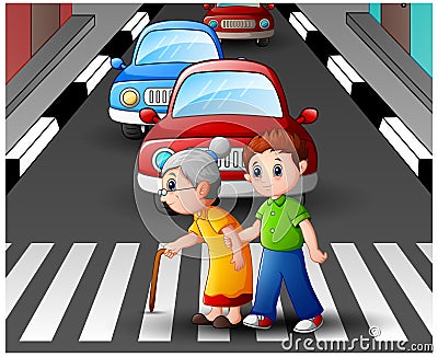 Cartoon boy helps grandma crossing the street Vector Illustration