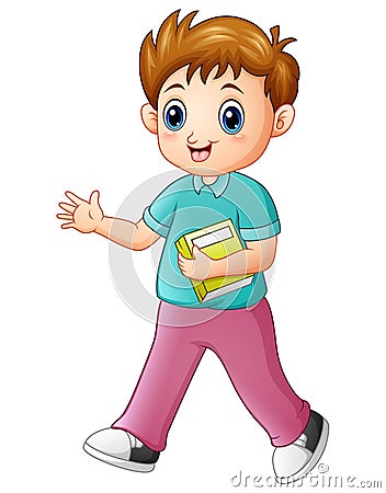 Cartoon boy holding a book with waving hand Vector Illustration