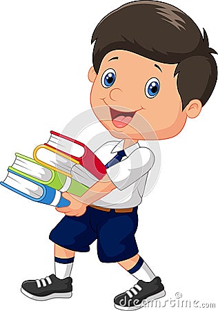 Cartoon boy holding a pile of books Vector Illustration