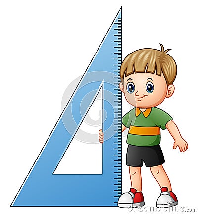 Cartoon boy holding triangle ruler Vector Illustration