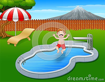 Cartoon boy jumping in swimming pool Vector Illustration