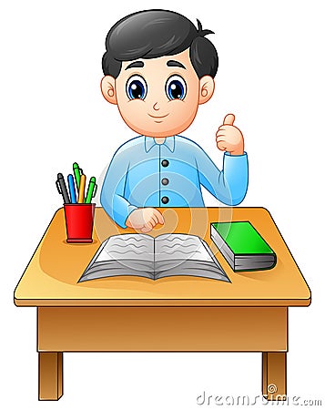 Cartoon boy learning at table giving thumbs up Vector Illustration