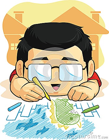 Cartoon of Boy Loves Drawing & Doodling Vector Illustration