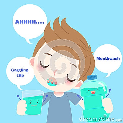 Cartoon boy with mouthwash Vector Illustration