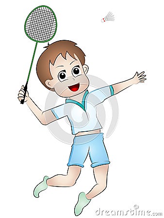 Cartoon Boy Playing Badminton Vector Illustration