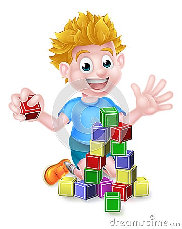 Cartoon Boy Playing With Building Blocks Vector Illustration