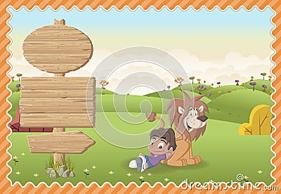 Cartoon boy playing with a lion on a green park. Vector Illustration
