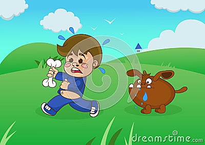 Cartoon boy running away from a starving dog. Vector Illustration