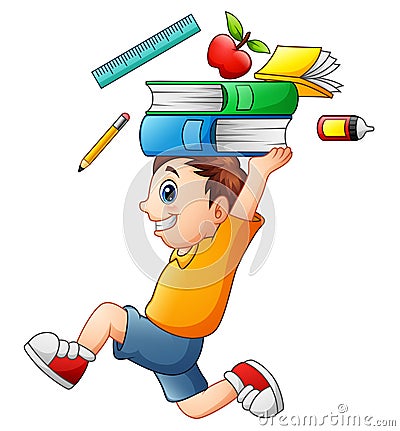 Cartoon boy running and carrying a school supplies Vector Illustration