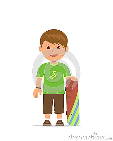 Cartoon boy with a skateboard. The young man is training to skateboarding. Vector flat design illustration. Cartoon Illustration