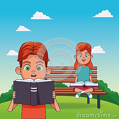 Cartoon boy surprised reading a book and girl sitting on a bench Vector Illustration