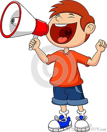 Cartoon boy yelling and shouting into a megaphone Vector Illustration