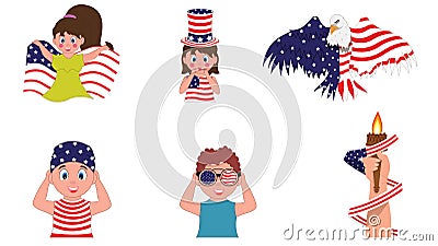 Cartoon Boys And Girls Play With National Bird And Flaming Torch For American Day Or Event Stickers Stock Photo