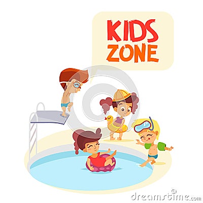 Cartoon boys and girls playing by swimming pool. Vector Illustration