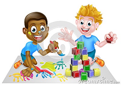Cartoon Boys Playing With Paint and Blocks Vector Illustration