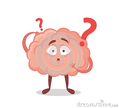 Cartoon Brain Character with Question Mark Isolated on White Background. Concept of Thinking Process, Asking, Faq, Quiz Vector Illustration