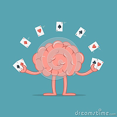 Cartoon brain with gambling cards. Brain shows focus with playing cards. Vector Illustration