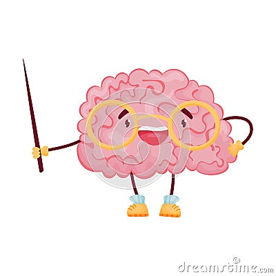 Cartoon brain with glasses and a pointer. Vector illustration on white background. Vector Illustration