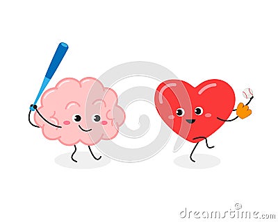 Cartoon brain and heart playing baseball game Vector Illustration