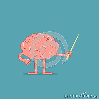 Cartoon brain holds a pointer. Isolated character of brain shows something. Concept of training. Vector Illustration