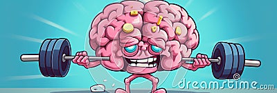 Cartoon Brain Lifts Barbell in Display of Strength and Determination. Generative AI. Stock Photo