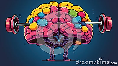 Cartoon Brain Lifting Barbell - Mental Fitness and Strength Illustration. Generative AI. Stock Photo