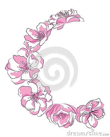 Cartoon branch of cherry blossoms. Illustration of a sakura branch with flowers. Logo. Picture of the symbol of spring. Vector Illustration