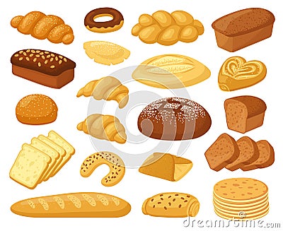 Cartoon bread. Bakery products, roll baguette, bread loaf and toast, sweet donut, cake and croissant. Pastry wheat Vector Illustration
