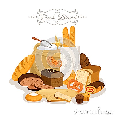 Cartoon, bread flour and pastries. French baguette and breakfast croissant, bakery snacks and chocolate cake, pastry Vector Illustration