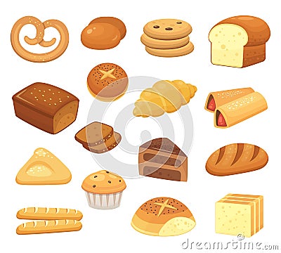 Cartoon bread icon. Breads and rolls. French roll, breakfast toast and sweet cake slice. Bakery products vector icons Vector Illustration