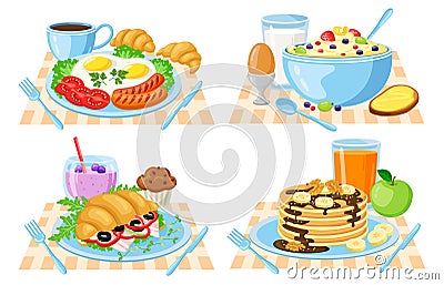 Cartoon breakfast. Healthy, delish breakfast menu, pancakes, croissant, vegetables, orange juice and coffee. Breakfast Vector Illustration