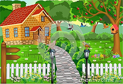 Cartoon brick house in the middle of nature, with stone path, courtyard and fence Vector Illustration