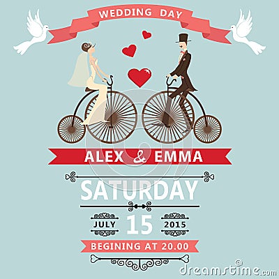 Cartoon bride groom on retro bike.Wedding invitation Vector Illustration