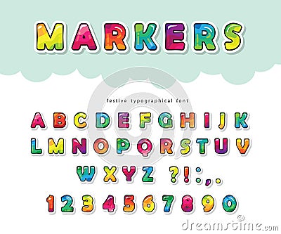 Cartoon bright font for kids. Glossy ABC letters and numbers. Paper cut out. Paint with markers colorful alphabet Vector Illustration