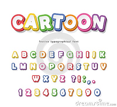 Cartoon bright font for kids. Paper cut out ABC letters and numbers. Paper cut out. Colorful alphabet. Vector Vector Illustration