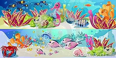 Cartoon Bright Marine Life Horizontal Banners Vector Illustration