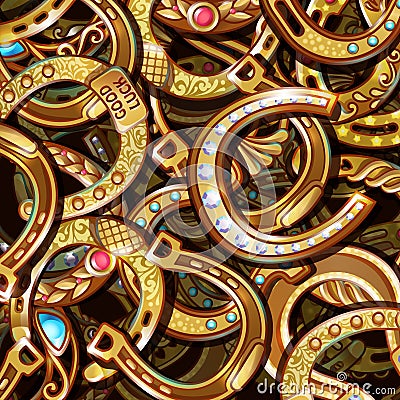 Cartoon Bright Ornate Gold Horseshoes Pattern Vector Illustration