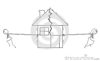 Cartoon of Broken Couple in a Bad Relationship After Divorce is Dividing House in Two parts Vector Illustration