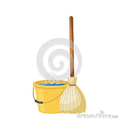 Cartoon broom with yellow plastic bucket . Vector Illustration